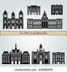 La Paz landmarks and monuments isolated on blue background in editable vector file