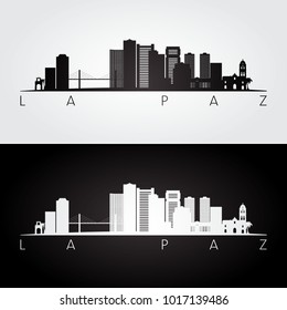 La Paz Skyline And Landmarks Silhouette, Black And White Design, Vector Illustration.