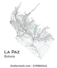 La Paz vector map. Detailed map of La Paz city administrative area. Cityscape panorama. Royalty free vector illustration. Road map with highways, rivers.