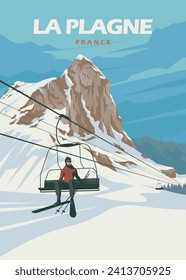 la plagne france ski resort vintage poster illustration design