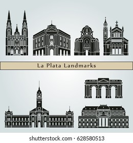 La Plata landmarks and monuments isolated on blue background in editable vector file