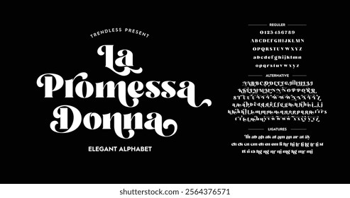 La Promessa Donna: Classic typography serif font. Uppercase, lowercase, ligatures, ampersand, alternative, and number. Vector illustration word. Lettering Minimal Fashion Designs Romance Elegant. 