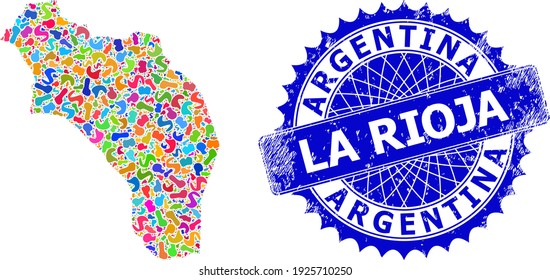 La Rioja von Argentinien Karte Vorlage. Spot Mosaik Karte und unleane Robbe für La Rioja von Argentinien. Sharp rosette blauen Markierung mit Text für La Rioja von Argentinien Karte.