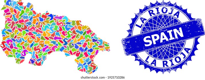 La Rioja de España mapa abstracción. Mapa de collage y distintivo angustiado para La Rioja de España. Marca azul rosetón nítida con etiqueta para el mapa de La Rioja de España.