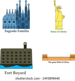 La Sagrada Familia ,Statue of Liberty ,Fort boyard ,Great wall of China Travel, journey concept. Famous monuments of world countries. Vector illustration