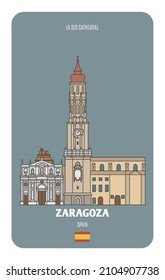 La Seo Cathedral in Zaragoza, Spain. Architectural symbols of European cities. Colorful vector 