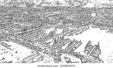 La Spezia, Italy. Bridge Thaon di Revel. View from above. Doodle sketch style. Aerial view