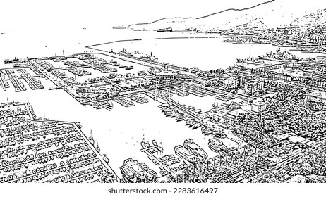 La Spezia, Italy. Bridge Thaon di Revel. View from above. Doodle sketch style. Aerial view