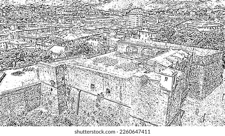 La Spezia, Italy. Castle of San Giorgio. View from above. Doodle sketch style. Aerial view