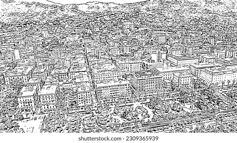 La Spezia, Italy. Embankment, Viale Italia street. View from above. Doodle sketch style. Aerial view