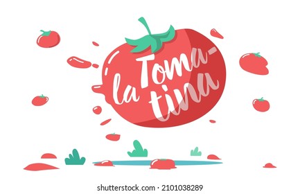 La Tomatina Festival, Background for Poster or Banner with Typography and Flying Tomatoes. Annual Summer Traditional Spanish Holidays, Celebration of Harvest. Cartoon Vector Illustration