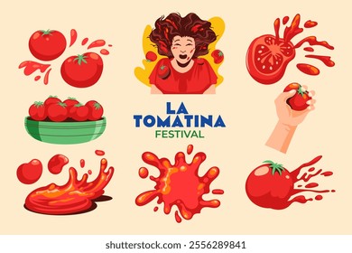 La Tomatina Festival Design Elements Set with tomatoes and dirty people