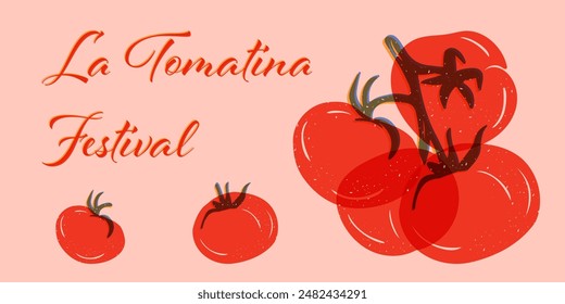 La Tomatina Festival festive poster with tomatoes and text. Colorful horizontal poster for veggies holiday. Good for greeting card, poster or for social media