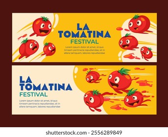 La Tomatina Festival Horizontal Banner Set with tomatoes flying