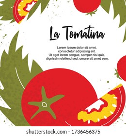 La Tomatina festival template banner with tomato and leaf frame. Shop, sale, market, party background. Healthy food. Vector illustration 