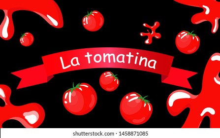 La Tomatina Festival Tomatoes Festival, background, flat cartoon vector illustration