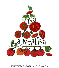 La tomatina. Food festival in Spain. Worlds biggest tomato fight. Traditional event. Strong tradition in Bunol. Creative drawing. Editable vector illustration isolated on a white background.