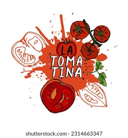 La tomatina. Food festival in Spain. Worlds biggest tomato fight. Traditional event. Strong tradition in Bunol. Creative lettering. Editable vector illustration. Vertical poster background.