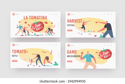 La Tomatina Landing Page Template Set. Tomato Festival Celebration. Happy Characters Throw Vegetable to Eath Other. Spain Traditional Entertainment, Harvest Holiday. Cartoon People Vector Illustration