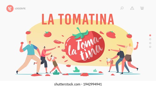 La Tomatina Landing Page Template. Tomato Festival Celebration. Happy Characters Throw Vegetable to Eath Other. Spain Traditional Entertainment, Harvest Holiday. Cartoon People Vector Illustration