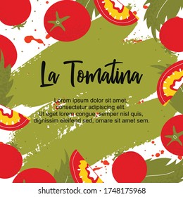 La Tomatina. Template poster with tomato and leaf frame on hand draw paint ink. Shop, sale, market background. Healthy food. Vector illustration 