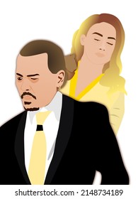 LA, USA - 03.15.22: Cartoon Illustration Of Actors Johnny Depp And Amber Heard