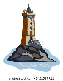 La Vieille Lighthouse. Vector isolated illustration with lettering. Brittany region, France.