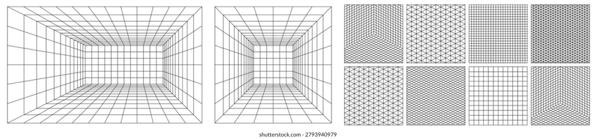 Lab ai bg for grid 3d game. Arcade line ground in bw isometric pattern. Depth point 80s metaverse and y2k infographic space. VR drawing on white bg. Futuristic wired rectangle for vanishing room land