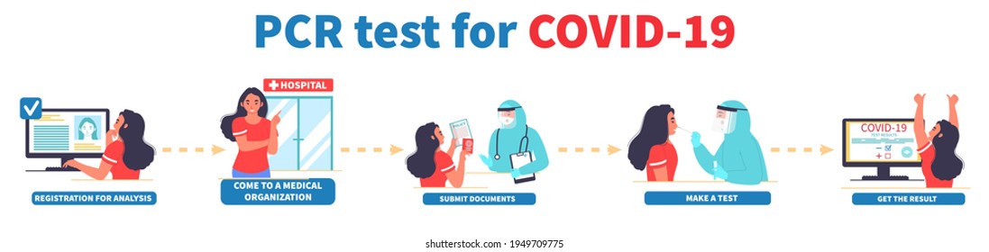 Lab analysis PCR test for coronavirus process, vector infographic, medical poster. Covid-19 nasal and throat swabs PCR test flowchart for patients from registration to getting result.