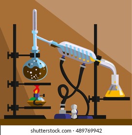 Lab Apparatus For Distillation, Purification And Separation Of Volatile Liquids. The Installation Consists Of Round-bottom Flask, Reflux Condenser, Thermometer, Spiral Refrigerator, Flat-bottomed Flask