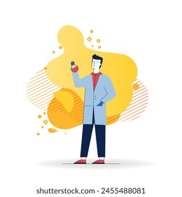 Lab assistant holding flask. Man wearing white coat, scientist, chemist flat vector illustration. Medicine, laboratory, test concept for banner, website design or landing web page
