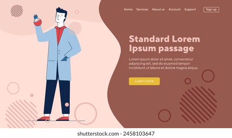 Lab assistant holding flask. Man wearing white coat, scientist, chemist flat vector illustration. Medicine, laboratory, test concept for banner, website design or landing web page