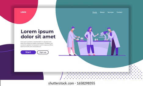 Lab assistants doing research. People in white coats using microscope, test tubes flat vector illustration. Laboratory, chemistry, medical test concept for banner, website design or landing web page
