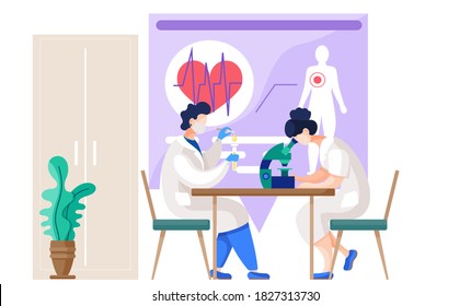 Lab assistants doing research. People in white coats using microscope, test tubes flat vector illustration. Laboratory, chemistry, medical tests. Medical workers with equipment check human health