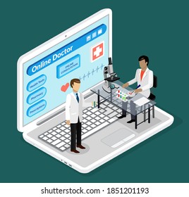 Lab assistants in medical laboratory. Doctor holds flask in hand, laboratory assistant sitting at table with microscope, test tubes, glass containers. Chemical analyzes, diagnostics and treatment