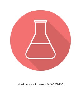Lab beaker flat linear long shadow icon. Flask with liquid. Vector outline symbol