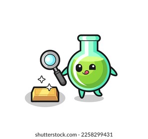 lab beakers character is checking the authenticity of the gold bullion , cute style design for t shirt, sticker, logo element