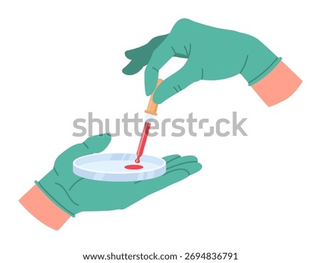 Lab blood test. Hands holding petri dish with blood sample, lab worker hands in rubber gloves flat vector illustration. Laboratory assistant holding medical tools