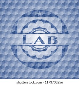 Lab blue emblem with geometric background.