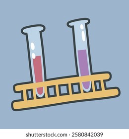 lab bottle with rack in outline flat vector design.
