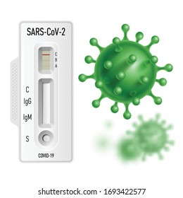 Lab Card Kit to Detect COVID-19 Coronavirus in Patient Samples. Test IgM-IgG Rapid Test on White Background and Green Virus COVID-19 Cell in Spherical Shape with Long Antennas