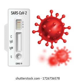 Lab Card Kit to Detect COVID-19 Coronavirus in Patient Samples. Test IgM-IgG Rapid Test on White Background and Red Virus COVID-19 Cell in Spherical Shape with Long Antennas