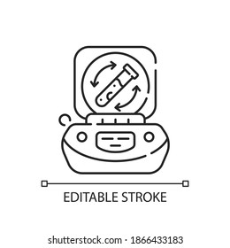 Lab Centrifuge Linear Icon. Spinning Vessel Containing Material At High Speed. Liquid Separation. Thin Line Customizable Illustration. Contour Symbol. Vector Isolated Outline Drawing. Editable Stroke