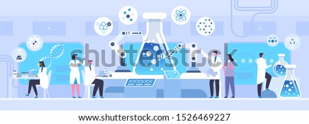 Lab chemical experiment flat vector illustration. Male and female scientists, chemists cartoon characters. Nanotechnology, microbiology science. Futuristic medical innovation, laboratory research