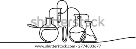 lab chemical glass continuous one line drawing, Minimalist glassware for laboratory research, Laboratory glass equipment sign.one line Art icon drawing vector
