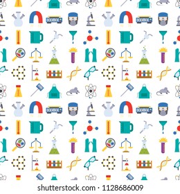 Lab chemical test medical laboratory scientific biology science chemistry seamless pattern background vector illustration.