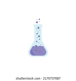 Juego de tubos químicos de laboratorio. Bebida de vidrio, tubos y botellas, herramientas para experimentos de laboratorio, frascos en soporte, quemador. Ilustración vectorial para química, investigación médica, concepto científico