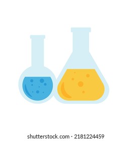 Lab chemical tubes set. Glass beaker, tubes and bottles, tools for laboratory experiment, flasks in holder, burner. Vector illustration for chemistry, medical research, science concept