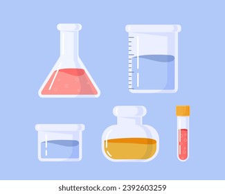 Lab chemical tubes set. Laboratory and chemical experiments and tests. Red and yellow liquids, reagents in flasks. Social media stickers. Cartoon flat vector collection isolated on blue background