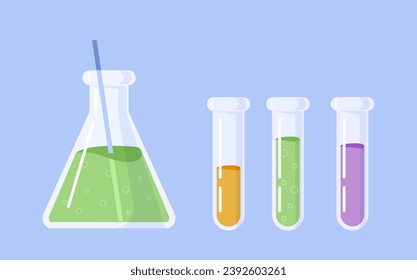 Laboratoriumscheche Laboruntersuchungen und chemische Versuche. Gelbe, grüne und violette Flüssigkeiten, Reagenzien. Vorlage und Layout. Cartoon-Flachvektorkollektion einzeln auf blauem Hintergrund